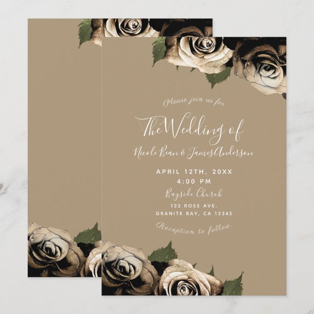 Invitación Rosas Gold Glam Floral Elegante Boda Tan (Anverso / Reverso)