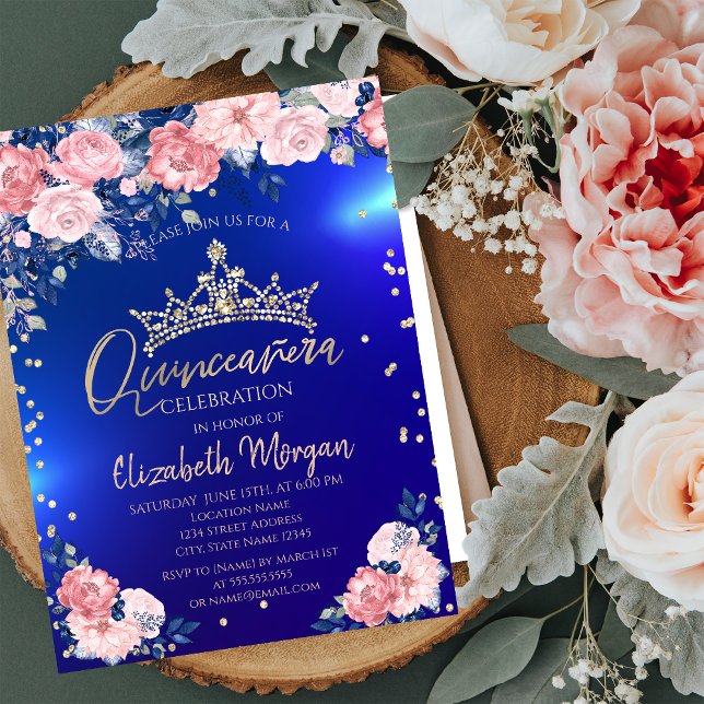 Invitación Rosas Gold Tiara Diamonds Blue Quinceañera (Subido por el creador)