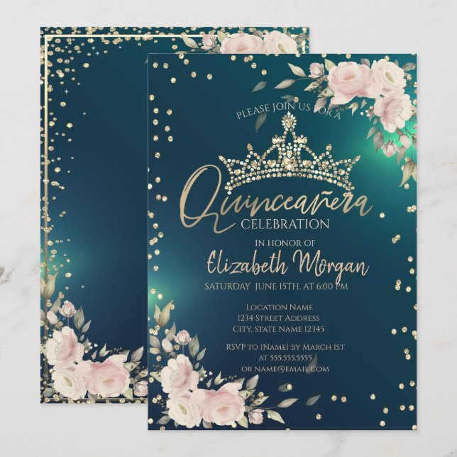 Invitación Rosas, Gold Tiara, Diamonds Green Quinceañera (Anverso / Reverso)