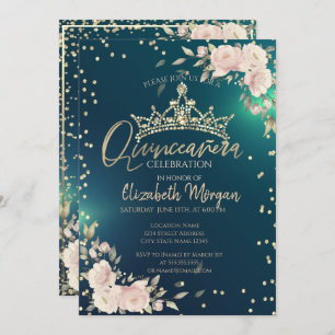 Invitación Rosas, Gold Tiara, Diamonds Green Quinceañera