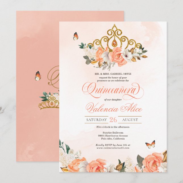 Invitación Rosas Gold Tiara Mariposa Quinceanera (Anverso / Reverso)