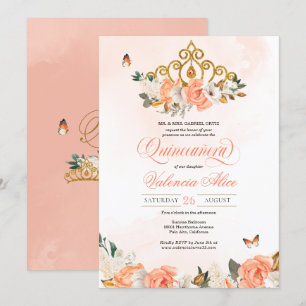 Invitación Rosas Gold Tiara Mariposa Quinceanera