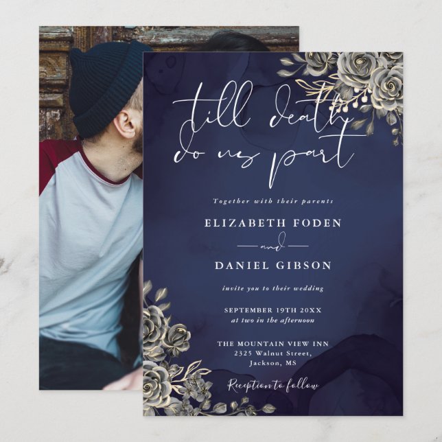 Invitación Rosas góticas azules de medianoche Foto de boda fl (Anverso / Reverso)