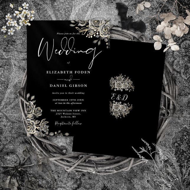 Invitación Rosas góticas Floral Boda de negro y blanco (Gothic Roses Floral Black And White Wedding Invitation)