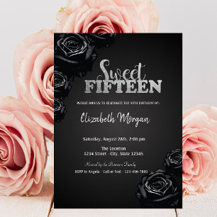 Invitación Rosas góticas negras elegantes 15 cumpleaños 