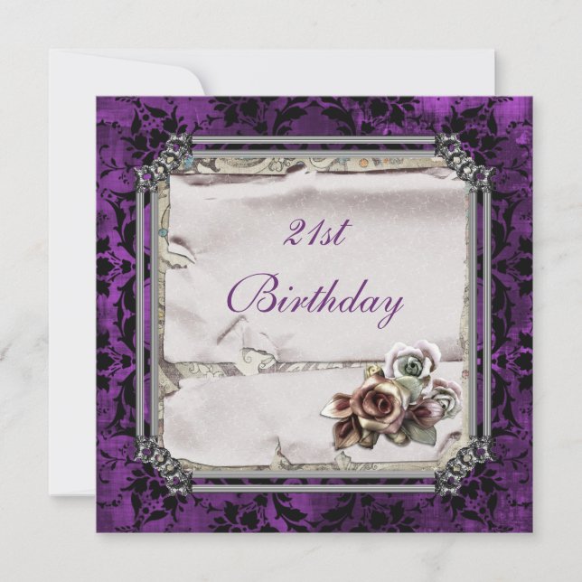 Invitación Rosas góticas y cumpleaños 21 Damask negro (Anverso)