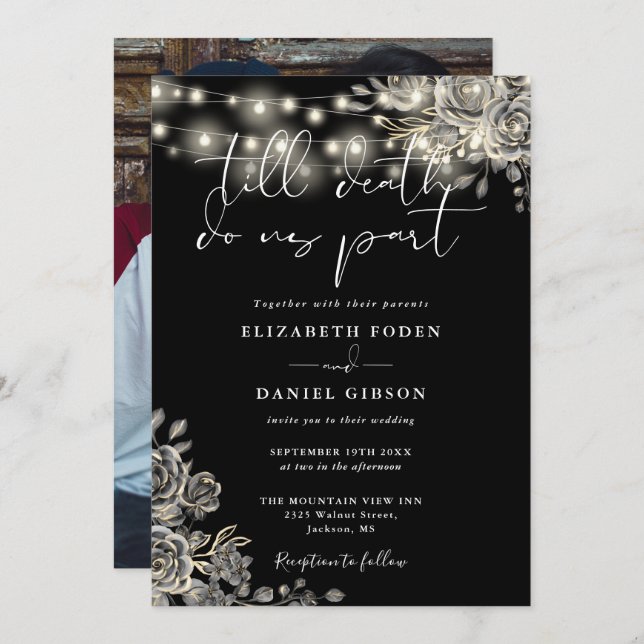 Invitación Rosas Góticos Blancos Y Negros Iluminan A Boda De  (Anverso / Reverso)