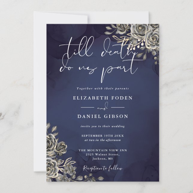 Invitación Rosas góticos Boda Floral Azul de Medianoche (Anverso)