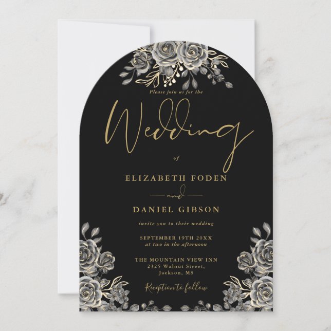 Invitación Rosas Góticos Boda Floral De Arco Negro Y Oro (Anverso)