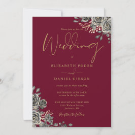 Invitación Rosas Góticos Floral Borgoña Y Boda De Oro