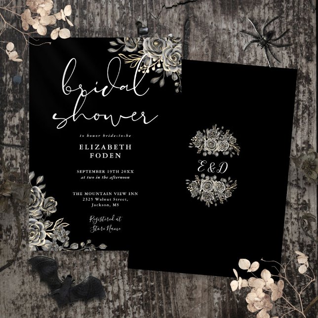 Invitación Rosas Góticos Floral Ducha Negra Y Blanca Bridal (Gothic Roses Floral Black And White Bridal Shower Invitation)