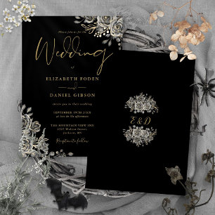 Invitación Rosas Góticos Floral Negro Y Boda De Oro