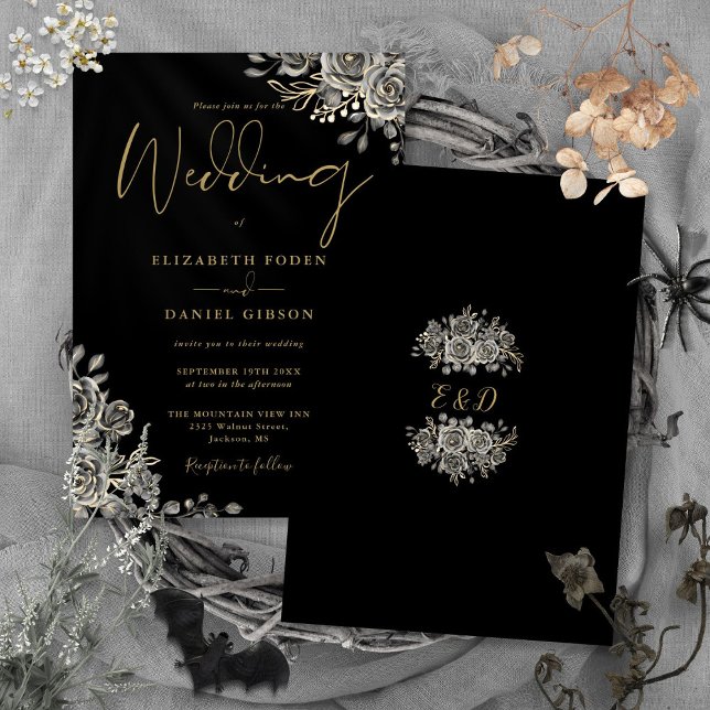 Invitación Rosas Góticos Floral Negro Y Boda De Oro (Gothic Roses Floral Black And Gold Wedding Invitation)