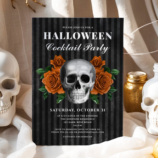 Invitación Rosas góticos Floral Skull Halloween Fiesta de cóc (Gothic Roses & Skull Halloween Cocktail Party Invitation)