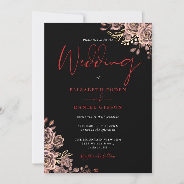 Invitación Rosas Góticos Florales Negro Y Boda Rojo (Anverso)