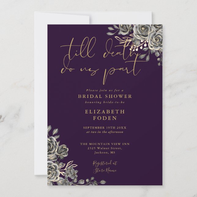 Invitación Rosas Góticos Morados Y Oro Ducha De Novias Floral (Anverso)