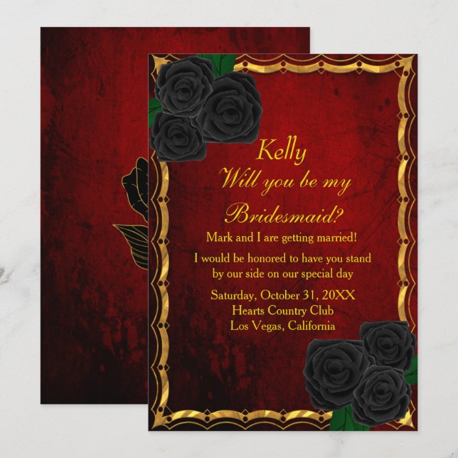 Invitación Rosas góticos negros Sangre Boda roja dama de hono (Anverso / Reverso)