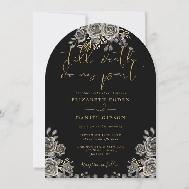Invitación Rosas Góticos Negros Y Oro Boda De Arco Floral (Anverso)