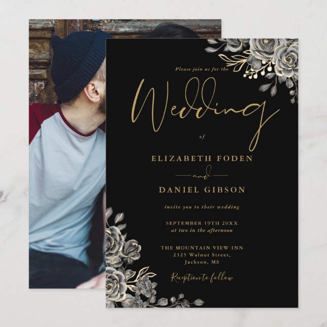Invitación Rosas Góticos Negros Y Oro Boda De Fotos Florales (Anverso / Reverso)