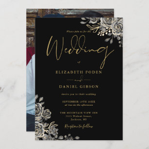 Invitación Rosas Góticos Negros Y Oro Boda De Fotos Florales
