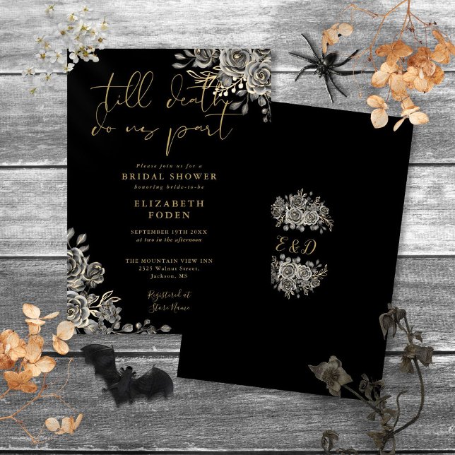 Invitación Rosas Góticos Negros Y Oro Ducha De Novias Florale (Black And Gold Gothic Roses Floral Bridal Shower Invitation)