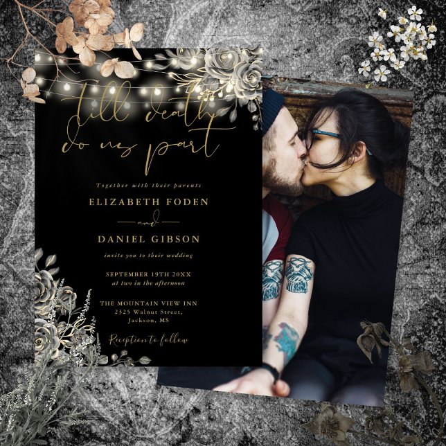 Invitación Rosas Góticos Negros Y Oro Iluminan A Boda De Foto (Black And Gold Gothic Roses Lights Photo Wedding Invitation)