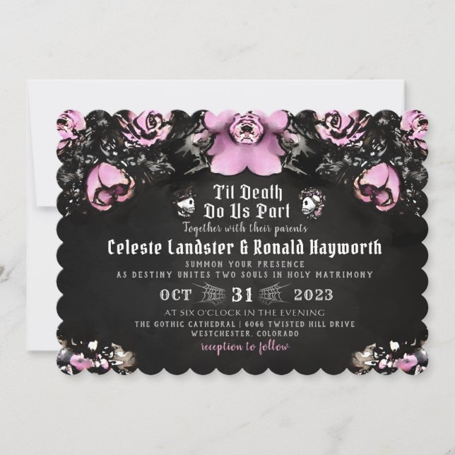 Invitación Rosas góticos rosados y negros y Boda de esqueleto (Anverso)
