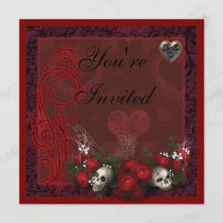 Invitación Rosas góticos y corazones cumpleaños negro y rojo