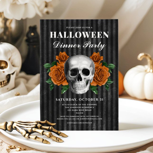 Invitación Rosas góticos y Fiesta de la cena de Halloween con (Gothic Roses & Skull Halloween Dinner Party Invitation)