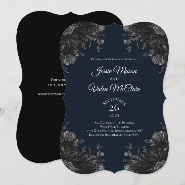 Invitación Rosas gris negro azul de la marina Boda gótica ele (Anverso / Reverso)