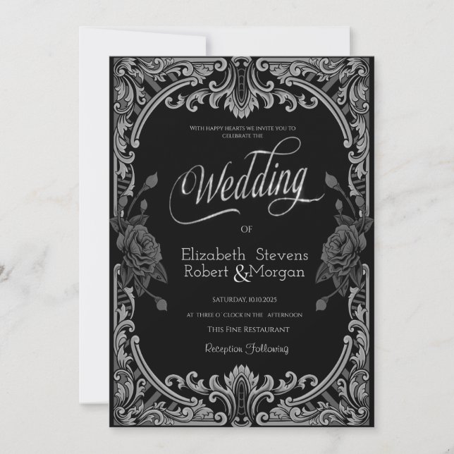 Invitación Rosas Grises,Bodas Góticas a Rayas (Anverso)
