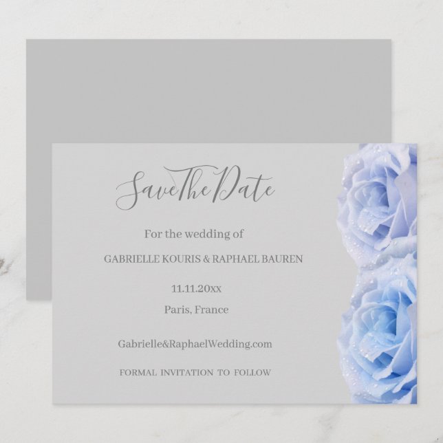 Invitación Rosas grises florales azul polvoriento guardar la  (Anverso / Reverso)