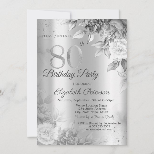 Invitación Rosas grises plateado Cumpleaños 80 (Anverso)