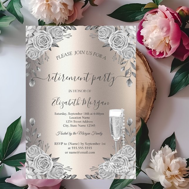 Invitación Rosas grises Prosecco Perlas Jubilación de Marfil (Subido por el creador)