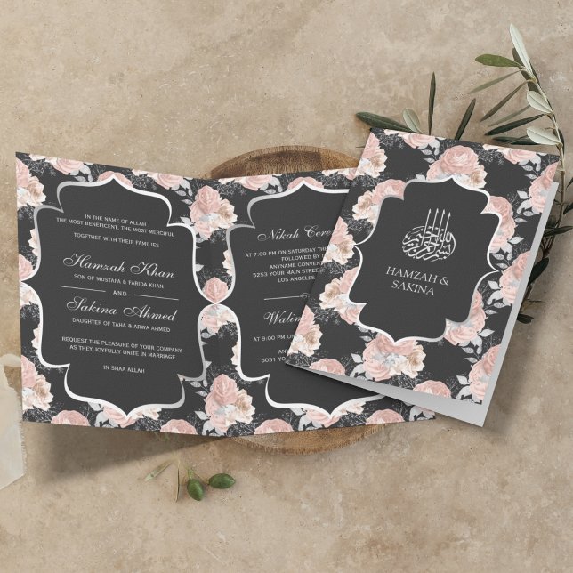 Invitación Rosas grises rústicas y rosadas para boda musulman (Subido por el creador)