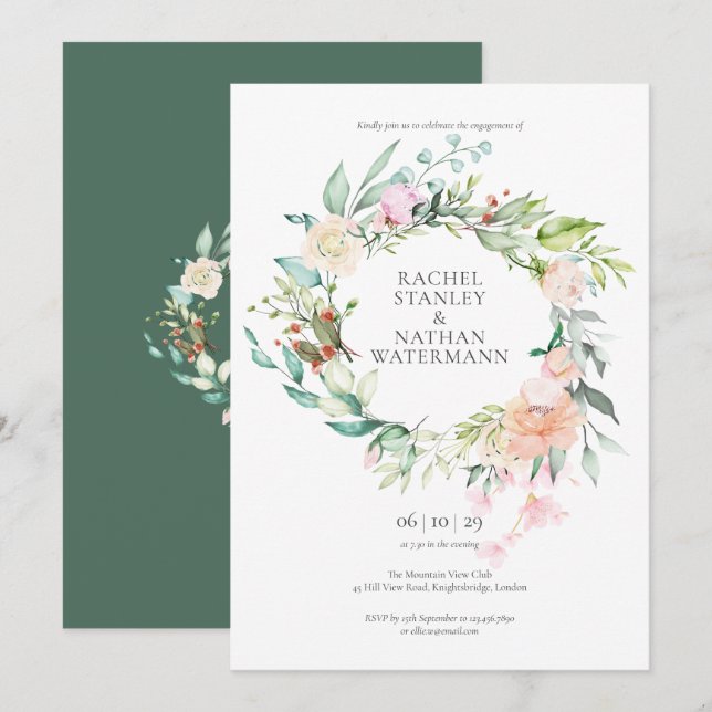 Invitación Rosas Guirnalda Acuarela Fiesta de Compromiso (Anverso / Reverso)