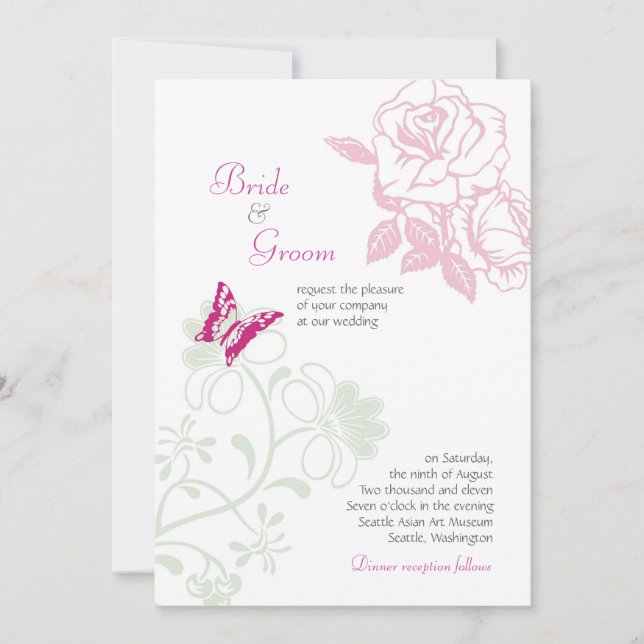 Invitación Rosas ilustrados y boda de primavera con mariposa (Anverso)