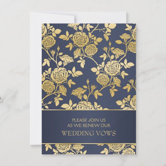 Invitación rosas ingleses azules y dorados Boda Vow Renewal (Anverso)