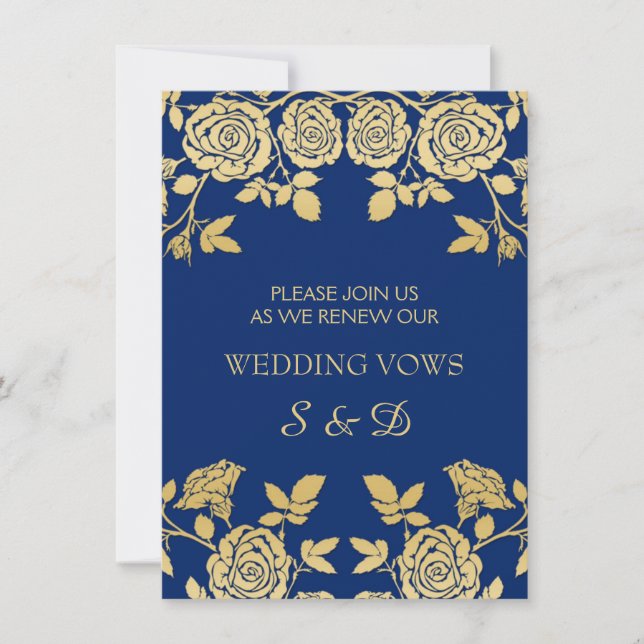 Invitación rosas ingleses de oro en renovación azul del voto (Anverso)