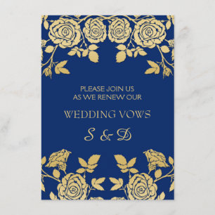 Invitación rosas ingleses de oro en renovación azul del voto