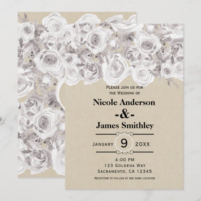 Invitación Rosas Kraft de Invierno Rústico Blanco para Boda (Anverso / Reverso)
