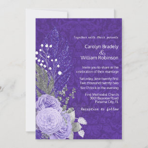 Invitación Rosas Lavanda sobre Damasco Púrpura para Boda