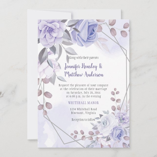 Invitación Rosas Lavender Boda Geométrico  de Plata Púrpura| (Anverso)