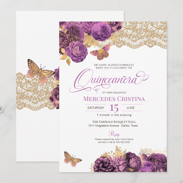 Invitación Rosas Lavender Mauve y mariposa de encaje Quinceañ (Anverso / Reverso)