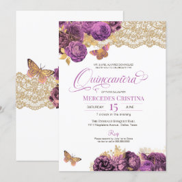 Invitación Rosas Lavender Mauve y mariposa de encaje Quinceañ