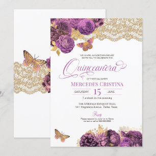 Invitación Rosas Lavender Mauve y mariposa de encaje Quinceañ