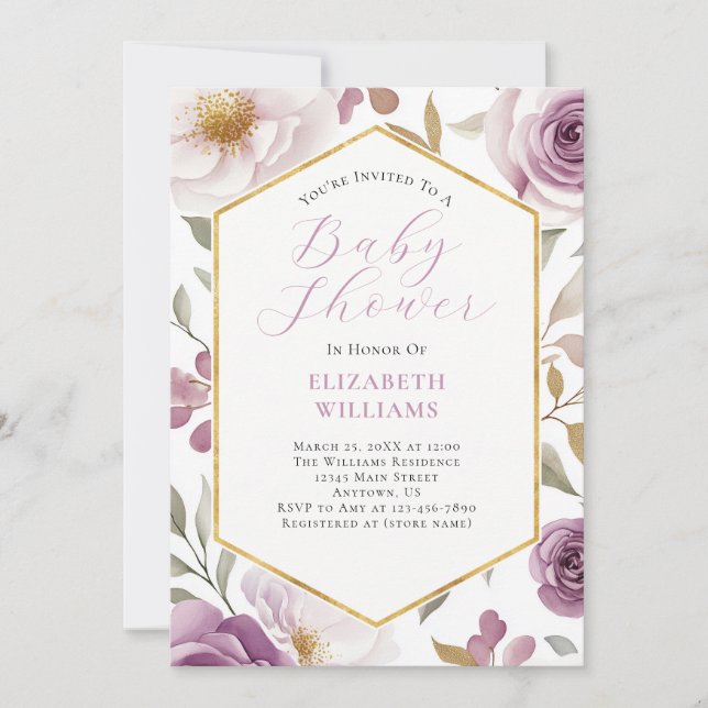 Invitación Rosas Lavender Purple Gold Peonies Baby Shower (Anverso)