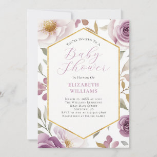 Invitación Rosas Lavender Purple Gold Peonies Baby Shower