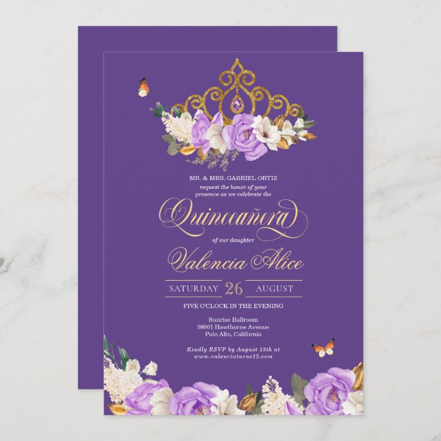 Invitación Rosas Lavender Royal Purple Gold Tiara Quinceanera (Anverso / Reverso)