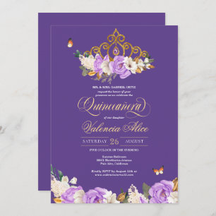 Invitación Rosas Lavender Royal Purple Gold Tiara Quinceanera